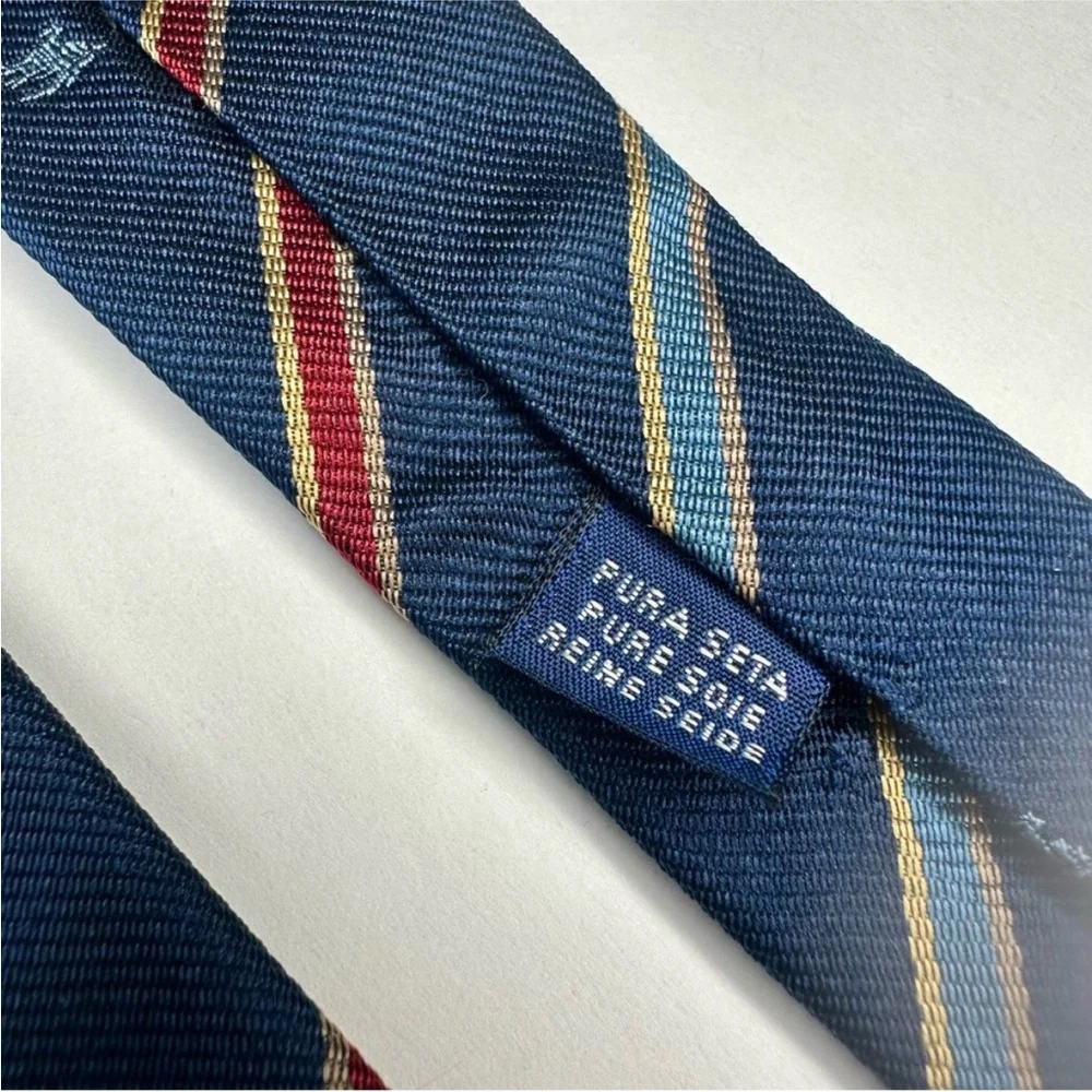 Vintage BURBERRY OF MUNICH Rare Embroidered Striped Classic Blue Silk Tie, 3”
